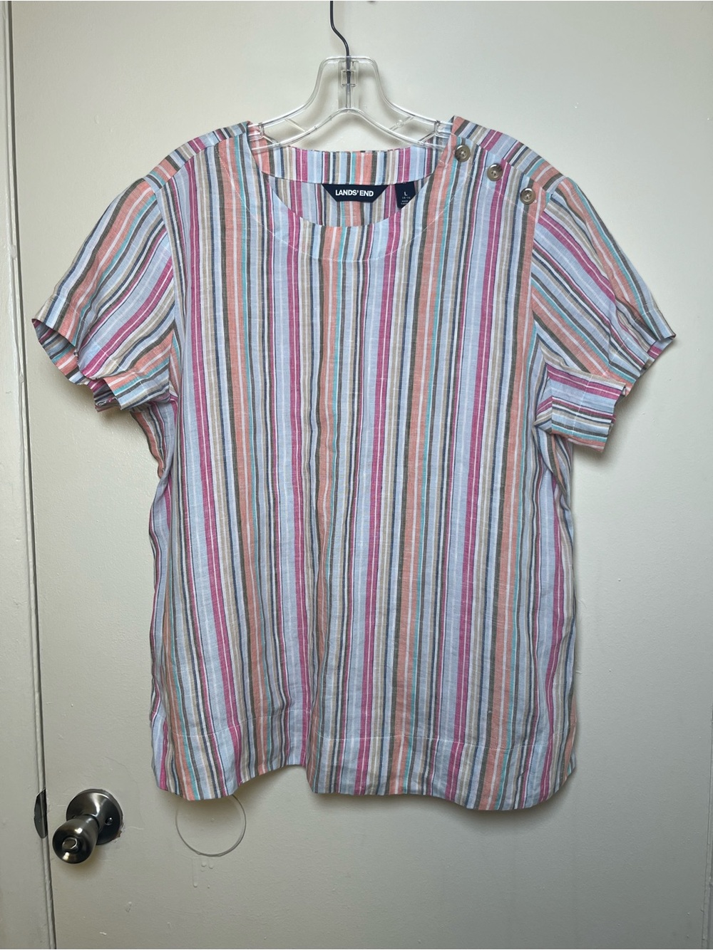 Women’s Lands' End 100% Linen Multi Stripe Button Shoulder Top L 14-16